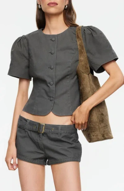 Lioness Femme Cotton Puff Sleeve Button Up Blouse In Gray