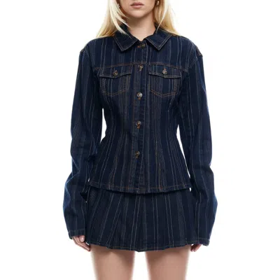 Lioness Rider Topstitch Detail Denim Jacket In Dark Denim Stripe
