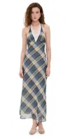 Lioness Shoreline Plaid Lace Trim Halter Maxi Dress In Blue Check