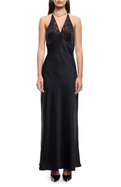 Lioness Shoreline Plaid Lace Trim Halter Maxi Dress In Black
