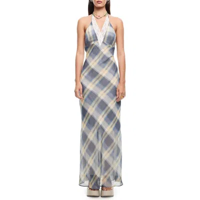LIONESS LIONESS SHORELINE PLAID LACE TRIM HALTER MAXI DRESS