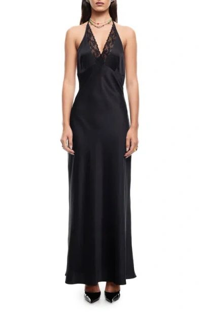 Lioness Shoreline Plaid Lace Trim Halter Maxi Dress In Ink