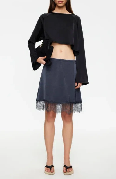 Lioness Skin Lace Detail Satin Skirt In Blue