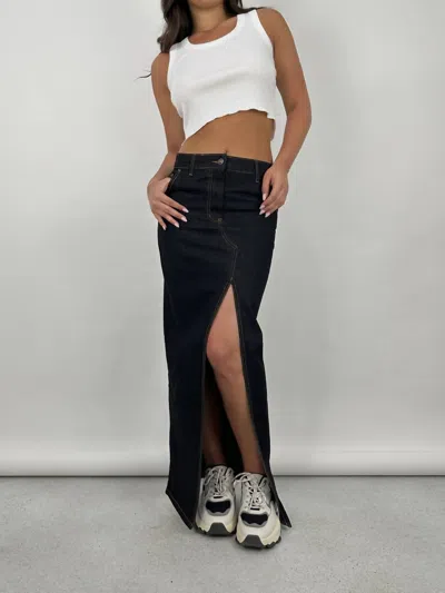 Lioness Slit Front Denim Midi Skirt In Dark Blue