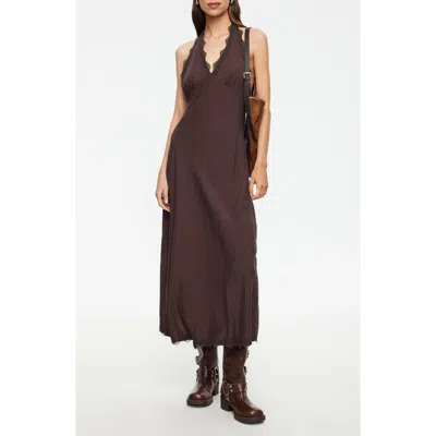 Lioness Stars Align Linen Rich Halterneck Lace Trim Low Back Midi Dress In Brown