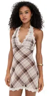 Lioness Stars Align Plaid Lace Trim Halter Minidress