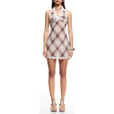 Lioness Stars Align Plaid Lace Trim Halter Minidress