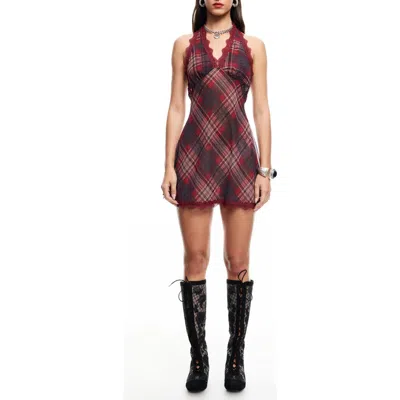 Lioness Stars Align Plaid Lace Trim Halter Minidress