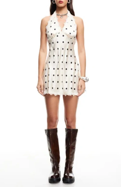 Lioness Stars Align Polka Dot Lace Trim Halter Minidress