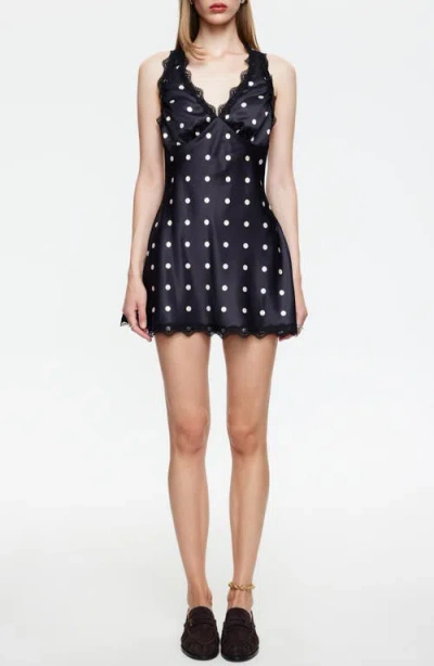 Lioness Stars Align Polka Dot Lace Trim Halter Minidress In Black