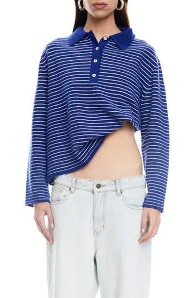 Lioness Stripe Long Sleeve Polo Sweater In Blue