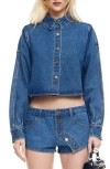 Lioness Sundrenched Denim Crop Button-up Shirt In Blue