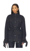 Lioness Sweetness High Neck Belted Cinch Waist Tie Sleeve Longline Denim Jacket In Blue