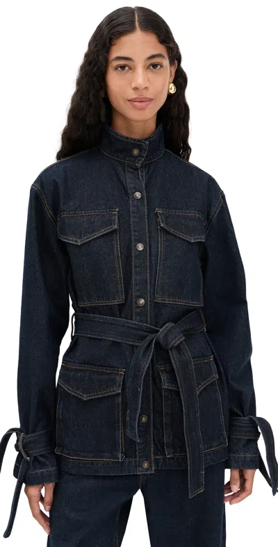 Lioness Sweetness High Neck Belted Cinch Waist Tie Sleeve Longline Denim Jacket In Blue
