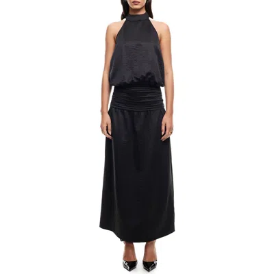 Lioness Sylvie Halter Neck Hammered Satin Maxi Dress In Ink