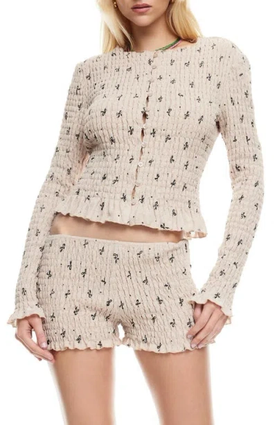 Lioness Terra Bow Smocked Button-up Top In Beige Bow