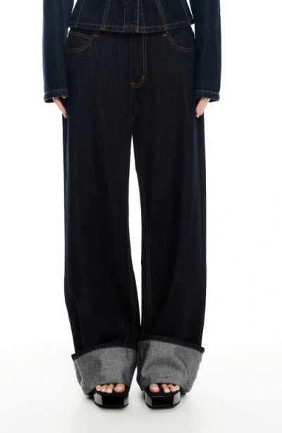 Lioness Top Model Cuffed Straight Leg Jeans In Dark Denim