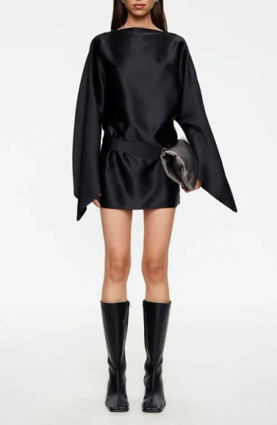 Lioness Touch Long Sleeve Satin Minidress In Black