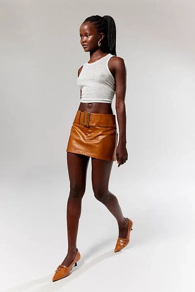 Lioness Uma Faux Leather Belted Micro Mini Skirt In Dark Brown, Women's At Urban Outfitters