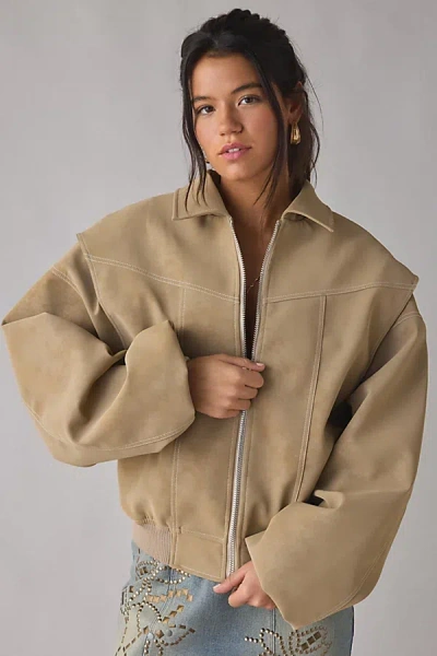 Lioness Vista Faux Suede Oversized Bomber Jacket In Latte, Women's At Urban Outfitters In Black