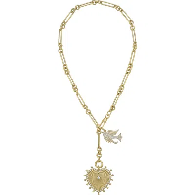 Lionheart 14k Gold Cassandane Large Heart & Lovey Baby Bird Trombone Necklace