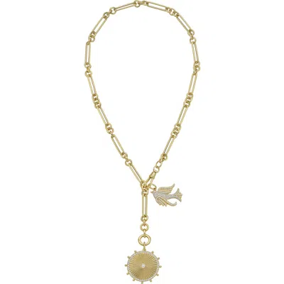 Lionheart 14k Gold Cassandane Large Sun Medallion & Lovey Diamond Baby Bird Charm Trombone Necklace