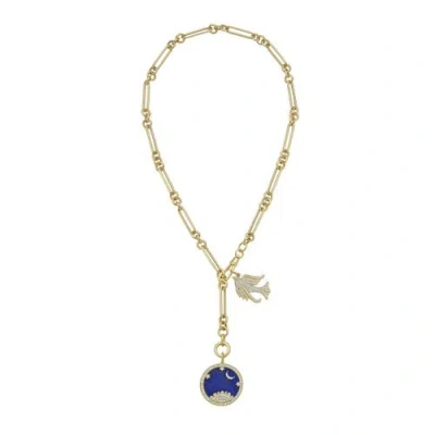 Lionheart 14k Starry Night Lapis Medallion & Lovey Baby Bird Trombone Necklace In Gold