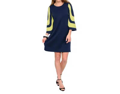 Lior Denmark Round Neck Quarter Sleeve Dress In Navy/lime In Multi