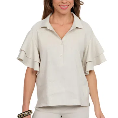 Lior Harmony Double Flounce Sleeve Blouse In Beige Linen In Gray