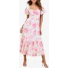 Lipsy Floral Print Puff Sleeve Midi Dress In Pink