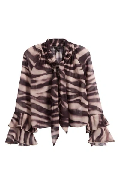 Lipsy Zebra Print Tie Neck Chiffon Top In Brown