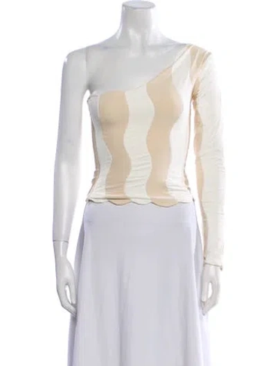Pre-owned Lirika Matoshi Colorblock Pattern One-shoulder Crop Top In Brown