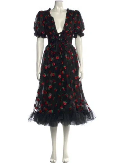 Pre-owned Lirika Matoshi Floral Print Long Dress In Black