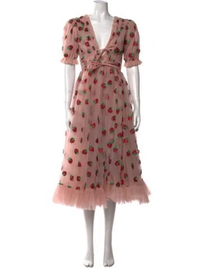 Pre-owned Lirika Matoshi Floral Print Midi Length Dress In Metallic/pink/red