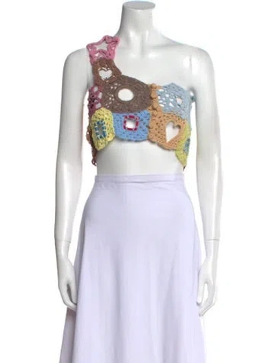 Pre-owned Lirika Matoshi Floral Print One-shoulder Crop Top W/ Tags In White