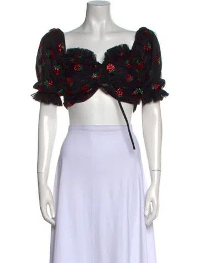 Pre-owned Lirika Matoshi Floral Print Square Neckline Crop Top In Black