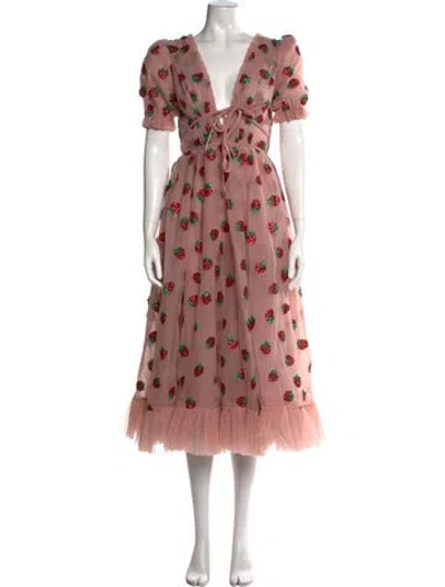 Pre-owned Lirika Matoshi Graphic Print Midi Length Dress In Metallic/pink/red
