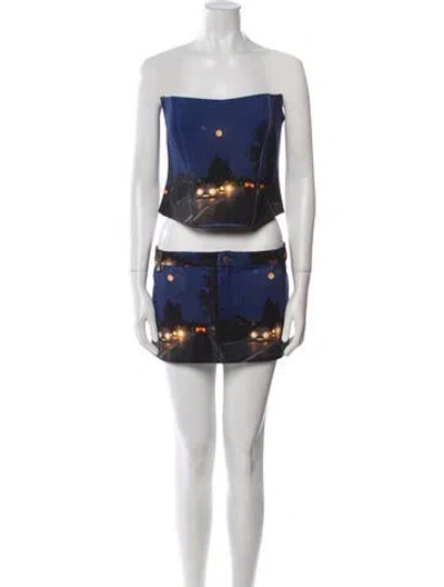 Pre-owned Lirika Matoshi Graphic Print Skirt Set W/ Tags In Blue