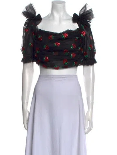 Pre-owned Lirika Matoshi Mesh Floral Print Crop Top In Black
