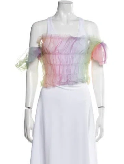 Pre-owned Lirika Matoshi Off-the-shoulder Short Sleeve Crop Top In Blue/green/pink
