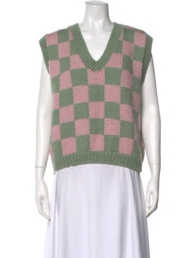 Pre-owned Lirika Matoshi Plaid Print V-neck Sweater In Green