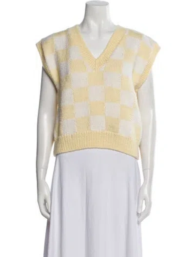 Pre-owned Lirika Matoshi Plaid Print V-neck Sweater W/ Tags In Yellow
