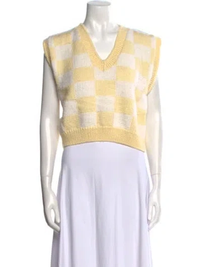 Pre-owned Lirika Matoshi Plaid Print V-neck Sweater W/ Tags In Yellow