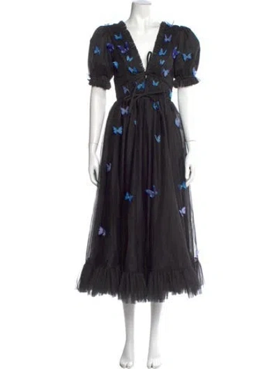 Pre-owned Lirika Matoshi Printed Long Dress In Black