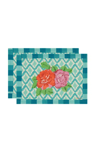 Lisa Corti - American Mat Hima Big Flw Turquoise Set Of 2 Pcs. - Turquoise In Blue