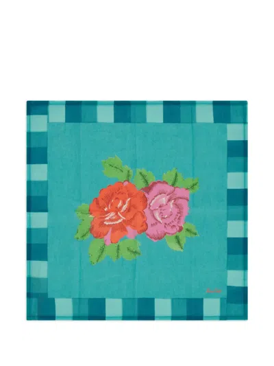Lisa Corti Floral-print Checked-border Napkin In Blue