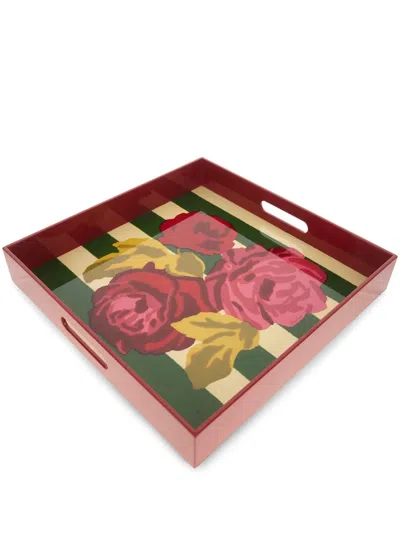 Lisa Corti Nizam Stripes Wood Tray (40cm X 40cm) In Red