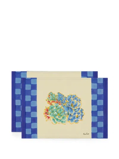 Lisa Corti Positano Checkered-trim Placemats (set Of Two) In Blue