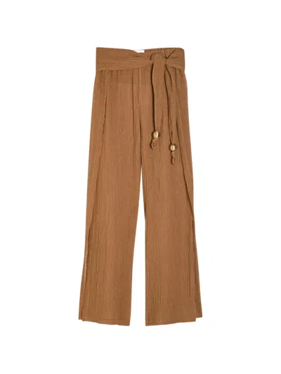 Lisa Marie Fernandez Embellished Belted Crinkled Linen-blend Gauze Pants In Brown
