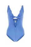 Lisa Marie Fernandez Scallop Bow Swimsuit In Stretch Seersucker In Blue